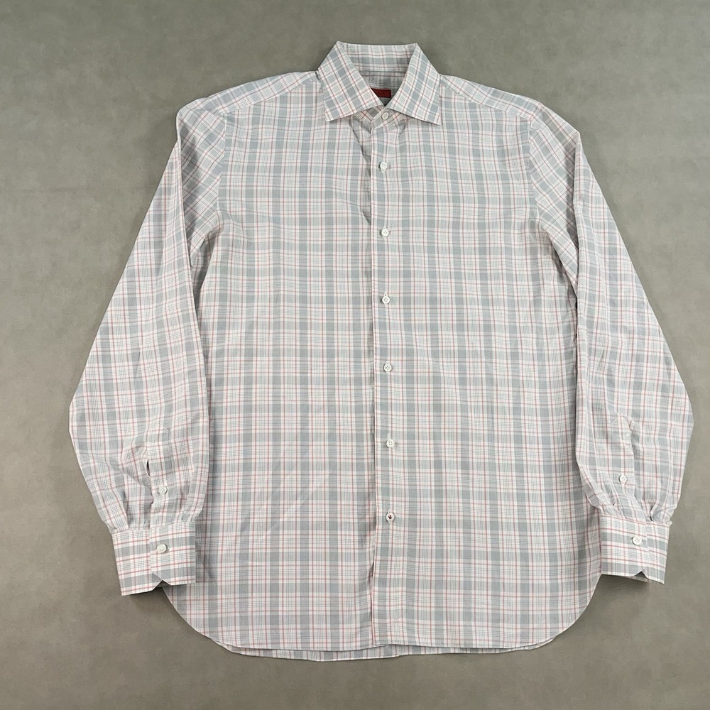 ISAIA Napoli 100% Cotton Plaid Button Down Dress Shirt Italy Mens 15.75/40 *Read